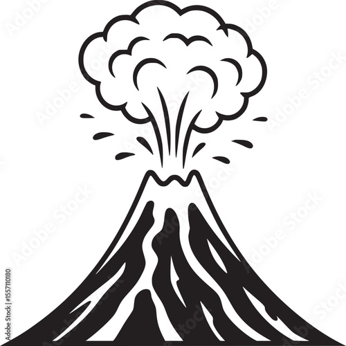 Volcano eruption vector illustration black and white mountain with smoke and lava design element clip art on transparent background silhouette