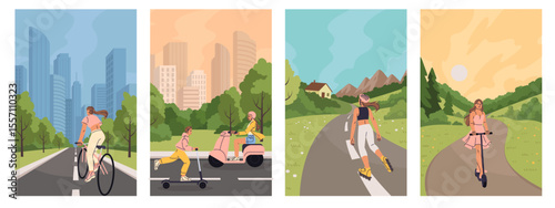 City bicycle. Street skateboard, bike road. Young characters ride scooter and rollers, lifestyle person. Urban transport in landscape, summer travel poster. Vector cartoon flat isolated illustration