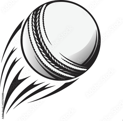 Stylized vector illustration of a cricket ball in motion with black and white design