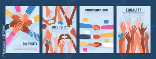 Community diverse culture. Poster with people hands. Group education. History voice. Women support circle. Social banner. Multicultural happy men. Equality and communication. Vector garish flyers set