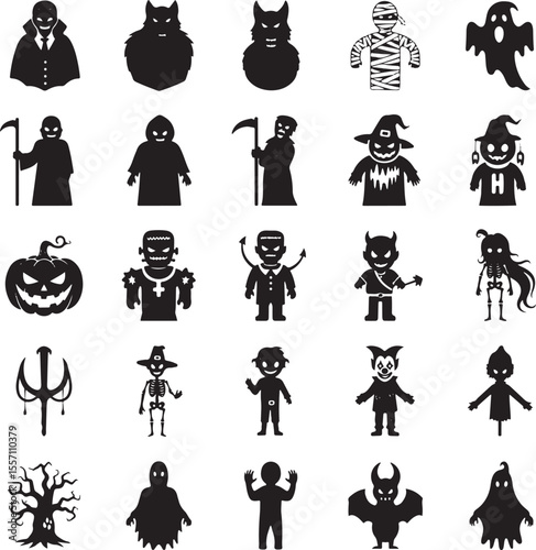 Collection of black Halloween character silhouettes including vampire werewolf mummy ghost pumpkin Frankenstein devil skeleton bat
