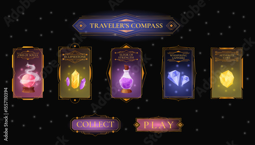 Fantasy game button. Magic UI frame. Glowing medieval icon. Fire HUD symbol. Wizard target. Geometric gem. Shiny award. Blue luxury screen divider. Oracle forecast. Potion bottle. Vector garish banner