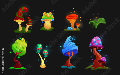 Fantasy tree set. Magic mushroom, alien flora. Game cartoon element, glowing psychedelic fungus world. Funny, bizarre forest background. Blue neon scary nature. Vector tidy isolated illustration