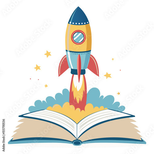 A vibrant rocket launching from an open book, whimsical illustration style for children, learning theme.