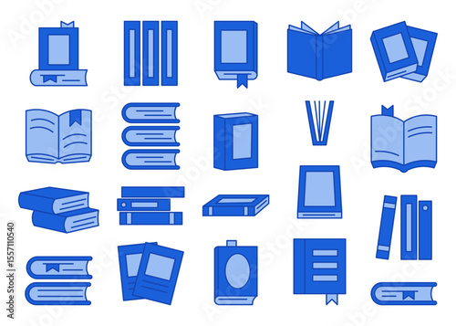 Icon book. Logo study, blue dictionary, notebook, magazine stack. School education in library. Encyclopedia paper isolated simple element. Learning pictogram symbol, web graphic. Vector tidy set