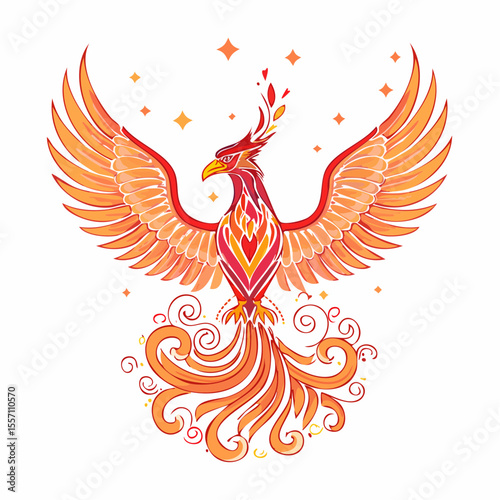 Artistic phoenix with vibrant orange wings design represents rebirth, ideal for logo creation, emblems and graphic projects that require a powerful symbol.