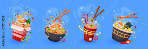 Noodle bowl icon. Cartoon Thai wok with chopsticks, ramen with eggs in cup, Chinese cooking dish. Asian food takeaway. Spicy shrimp. Japanese lunch box dinner menu. Vector tidy isolated illustration