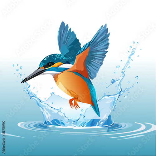 Beautiful kingfisher art shows the moment the bird plunges into the water with splashing ripples, creating a dynamic design.
