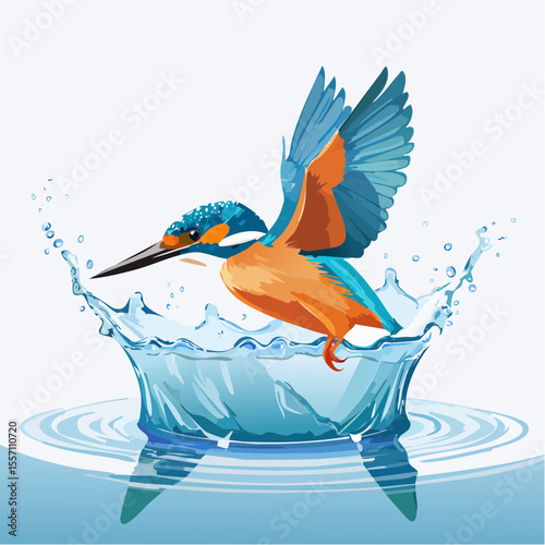 A vibrant kingfisher dives into pristine water, creating a splash, perfect for nature themed designs or wildlife based branding materials.