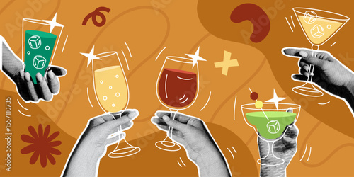 Retro collage. Dot halftone hands with wine. Arms hold cocktail glasses. Party cheers. Fun vintage cutout design. bar beverage. Celebrating friendship. Martini toasts. Event poster. Vector tidy card