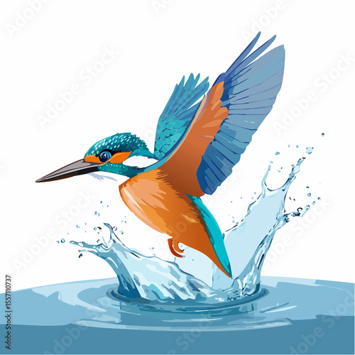 A vibrant kingfisher plunges into the water, creating a splash, ideal for nature-themed projects and designs requiring a beautiful bird element.