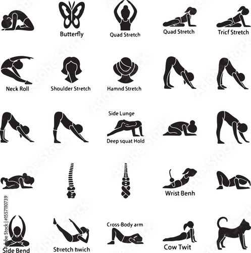 Collection of black silhouette icons depicting yoga poses and stretches for fitness and wellness