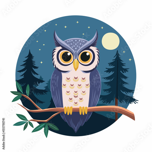 Whimsical owl perched on a branch at night, a charming design for logos, decals, and creative graphic projects with a nature theme. photo