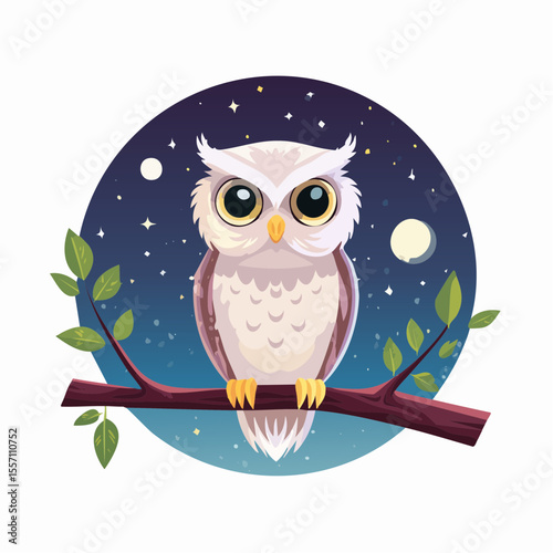 Cartoon owl perches on a branch against a starry night sky, a charming graphic for children's book art or whimsical web design.
