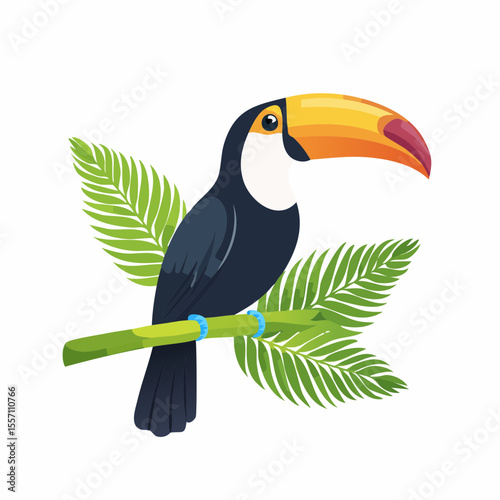 Toucan perched on a branch amidst tropical leaves, a vibrant graphic ideal for nature-themed designs and exotic bird applications.