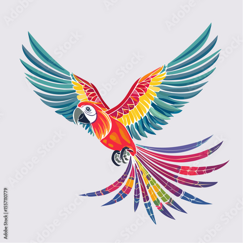 Colorful macaw graphic showcasing vibrant plumage and wingspread, perfect for tropic themed layouts or exotic bird designs.