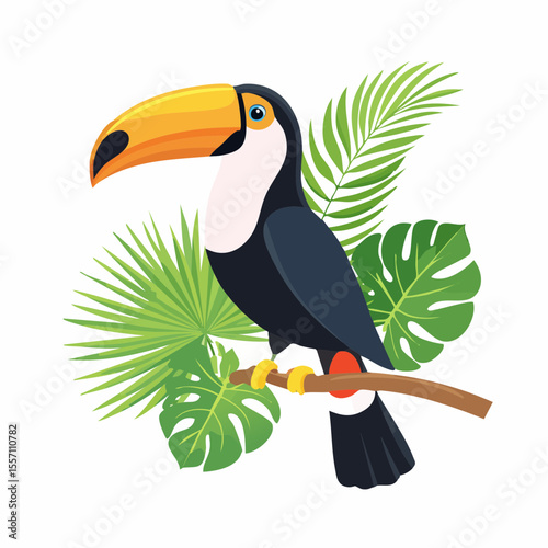 Tropical design featuring a vibrant toucan perched on a branch surrounded by lush palm leaves, perfect for summer themes.