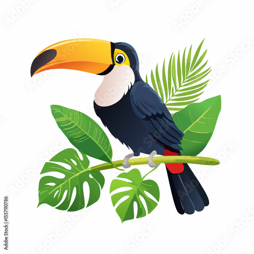 Eye-catching toucan perched on a branch with tropical leaves, perfect for branding and logo design in wildlife or nature themes. photo