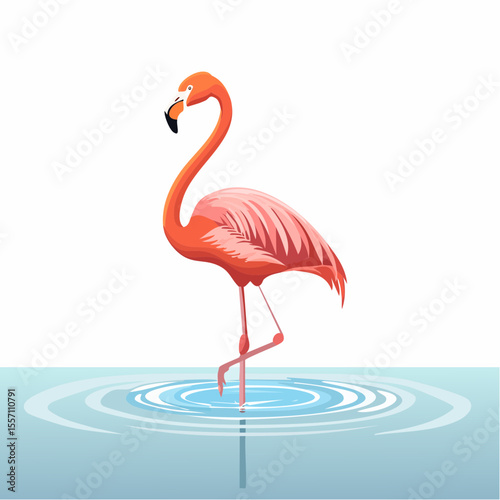 Graceful flamingo wading in calm water, presented as a stylized design ideal for summer themes and tropical ambiance creations.