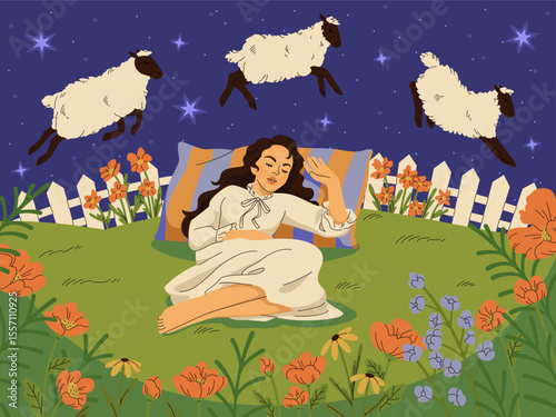 Sleeping woman. Counting sheep in dream. Night sky. Cute girl dreaming in garden with flowers. Dreamland art. Bedtime story. Counting lambs. Floral meadow. Peaceful concept design. Vector illustration