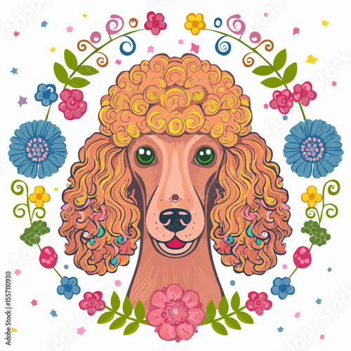 A charming poodle portrait surrounded by a colorful floral wreath, perfect for pet-themed designs, greeting cards, or whimsical artwork.