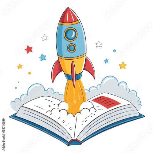 A vibrant rocket launches from an open book, symbolizing learning for kids. Educational adventure imagery.