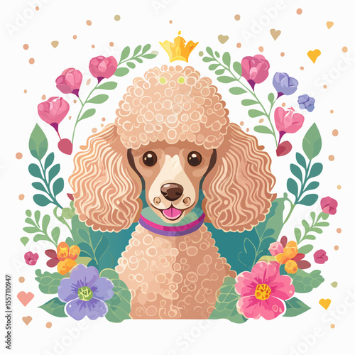 A charming poodle portrait wearing a crown surrounded by a delightful floral arrangement, perfect for pet-related designs.