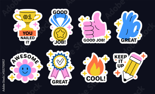 Good job icon. Motivational sticker. Cartoon badges with trophy or medal. Thumbs up and pencil. Great smiley for kids. Education positive evaluation. School success. Vector best work award patches set