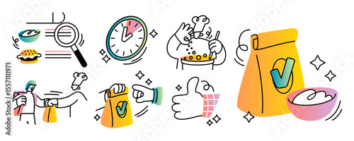 Fast food UI. Delivery express service. Eatery interface element. Online menu sticker. Meal cooking. Accepted order. Courier site sign. Kitchen chef bowl. Search dish. Vector doodle cartoon icons set