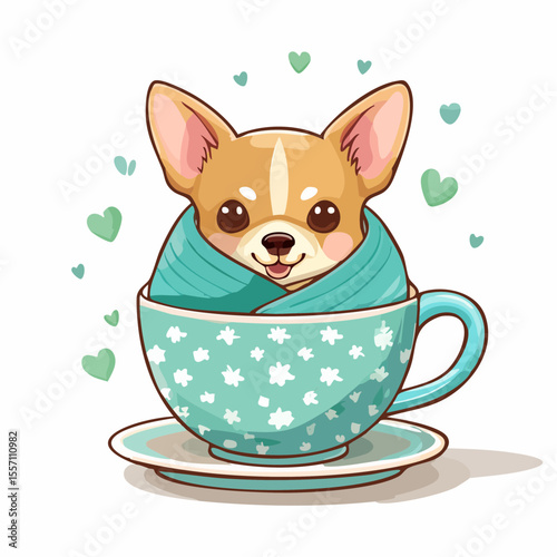 A whimsical dog graphic features a cute chihuahua puppy wrapped in a scarf and nestled inside a vintage teacup with heart accents.