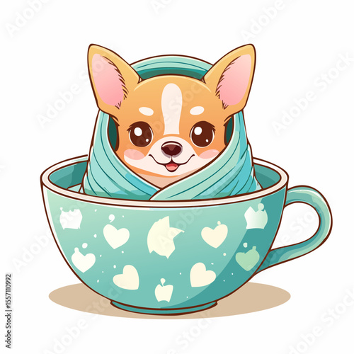 Charming chihuahua pup snuggled in a soft blanket inside a delightful teacup, creating a heartwarming and adorable scene.
