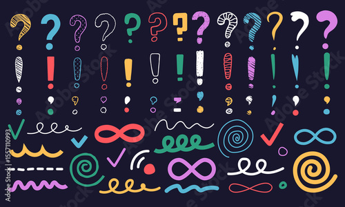 Mark question, infinity, exclamation. Collage of line brush. Color hand drawn art abstract. Children paint, circle grunge isolated decorative elements. Wave pattern. Vector child doodle writing icons
