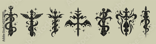 Fantasy sword gothic icon. Occult symbol shape. Medieval blade with dragon wings and skull. Reptile snake. Magic mystical tattoo. Silhouette black line witchcraft dagger. Vector vintage tidy logo set