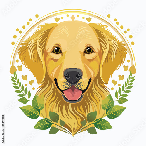 An attractive golden retriever portrait with decorative leaves and a golden halo, suitable for pet-themed designs.