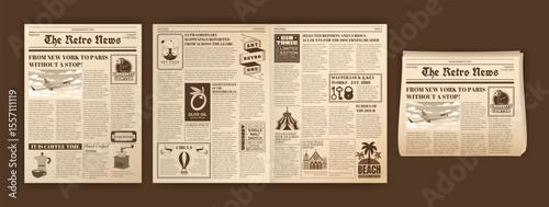 Vintage newspaper template. Retro ad collage. Headlines journal text. Old paper layout. Antique typography. Nostalgic posters. Press publication. Folded news sheets. Vector illustration garish pages