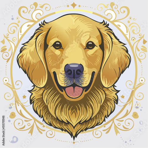 Golden retriever portrait, a charming graphic enhanced with ornamental flourishes in a decorative circle frame, perfect for logo design.