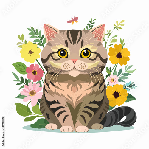 Charming floral cat design featuring a cute tabby with blooming blossoms and butterfly, perfect for springtime themes and whimsical designs.