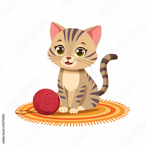 Cute cartoon tabby kitten seated on a rug with a ball of yarn, perfect for children's designs, playful themes, or pet-related projects.
