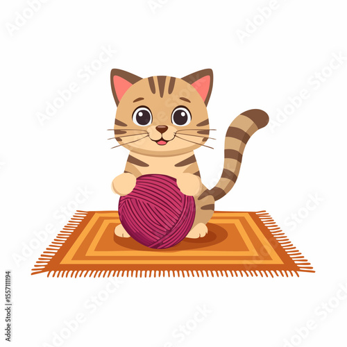 Playful kitty on a rug joyfully clutching yarn, a charming pet graphic that suits branding and designs for children or animal lovers.