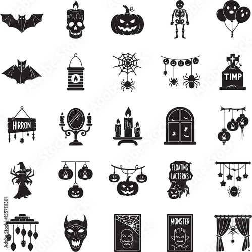 Halloween Icons Silhouette Collection Bat Skull Pumpkin Skeleton Balloons Spiderweb Lanterns