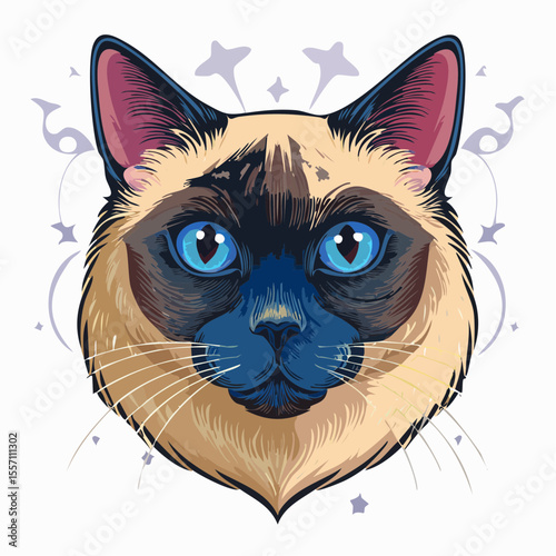 A stylized feline graphic features a beautiful Siamese cat head with blue eyes surrounded by stars and flourishes, perfect for pet-related design.