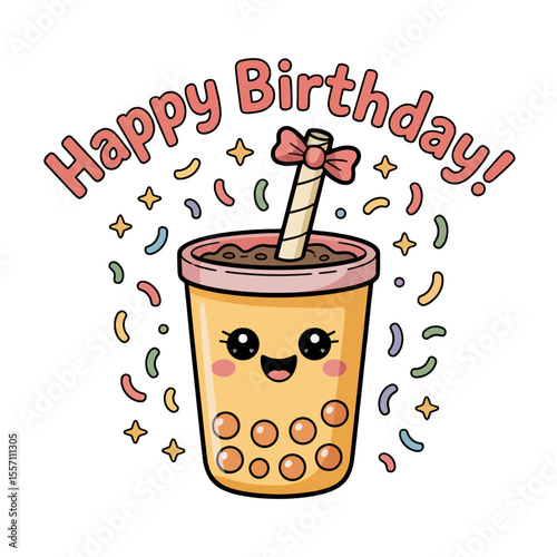 A cute bubble tea cartoon character is happily smiling with a decorative straw tied with a pink bow Happy Birthday