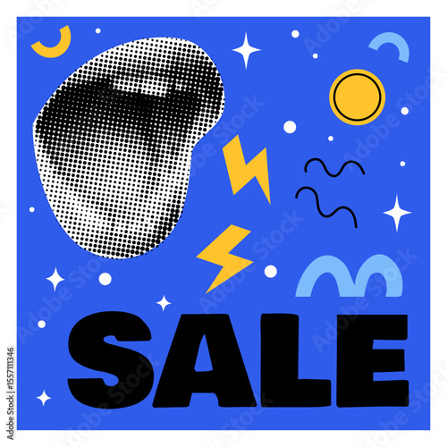 Sale banner. Halftone dotted mouth. Shopping discount. Announce message lettering. Social media post. Abstract flat shapes. Art collage newsprint lips. Marketing promotion. Vector special offer card