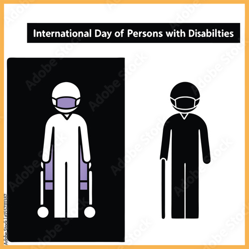 Illustration of Two Masked Figures One in Wheelchair and One with Cane on White Background person