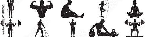 Collection of black silhouettes of people engaged in various fitness activities and exercises