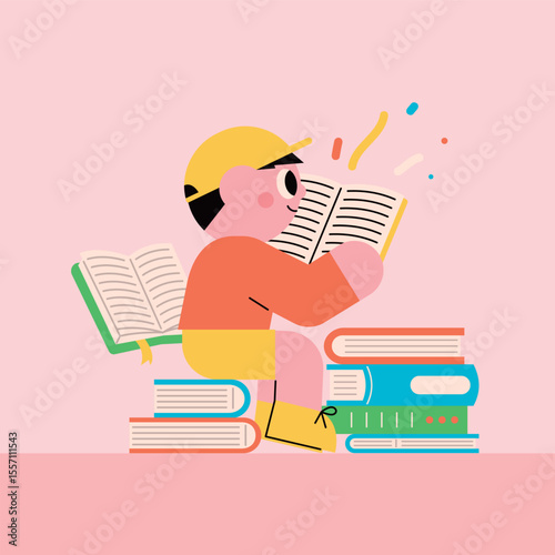 Boy Reading Books with Books Flying Around. 
Children's learning, education, reading