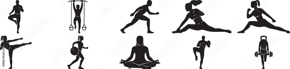 Obraz premium Diverse fitness silhouettes of people exercising and training exercise workout