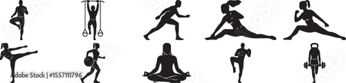 Diverse fitness silhouettes of people exercising and training exercise workout