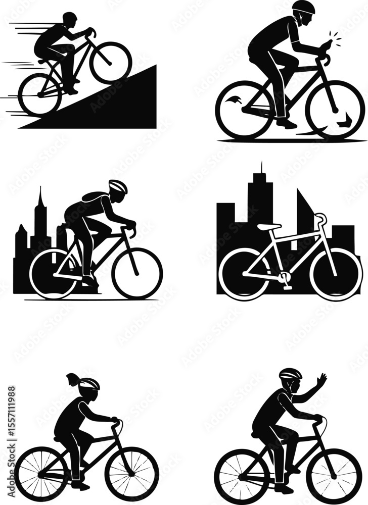 Obraz premium Six black silhouette illustrations of people riding bicycles in various settings cycling