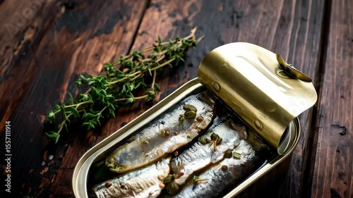 Canned sardines in oil topped with green capers in metal tin with thyme sprig on rustic dark wood surface, oily fish delicacy